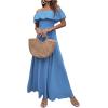 imageFloerns Womens Off Shoulder Short Sleeve Ruffle Trim Boho A Line Long DressBlue