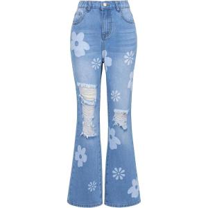 imageFloerns Girls Casual Ripped Frayed Split Hem Flare Bell Bottom Jeans Denim PantsBlue Floral