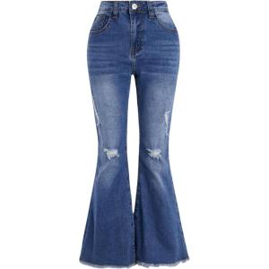imageFloerns Girls Casual Ripped Frayed Split Hem Flare Bell Bottom Jeans Denim PantsBlue Plain