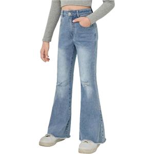 imageFloerns Girls Casual Ripped Frayed Split Hem Flare Bell Bottom Jeans Denim PantsLight Blue
