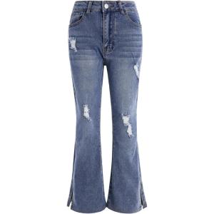 imageFloerns Girls Casual Ripped Frayed Split Hem Flare Bell Bottom Jeans Denim PantsOcean Blue