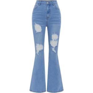 imageFloerns Girls Casual Ripped Frayed Split Hem Flare Bell Bottom Jeans Denim PantsRuddy Blue