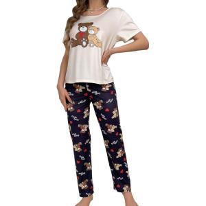 imageFloerns Womens Cartoon Print Short Sleeve Top with Long Pants Two Piece Pajama SetsApricot Bear