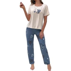 imageFloerns Womens Cartoon Print Short Sleeve Top with Long Pants Two Piece Pajama SetsBeige Dusty Blue