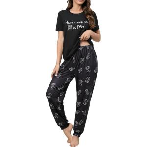 imageFloerns Womens Cartoon Print Short Sleeve Top with Long Pants Two Piece Pajama SetsBlack Coffee Letter