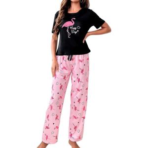 imageFloerns Womens Cartoon Print Short Sleeve Top with Long Pants Two Piece Pajama SetsBlack Flamingo