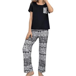 imageFloerns Womens Cartoon Print Short Sleeve Top with Long Pants Two Piece Pajama SetsBlack Geo