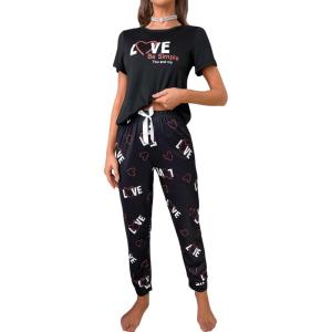 imageFloerns Womens Cartoon Print Short Sleeve Top with Long Pants Two Piece Pajama SetsBlack Heart