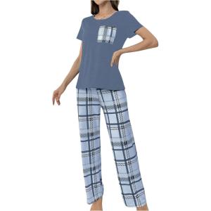 imageFloerns Womens Cartoon Print Short Sleeve Top with Long Pants Two Piece Pajama SetsDusty Blue Multi