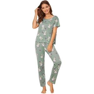 imageFloerns Womens Cartoon Print Short Sleeve Top with Long Pants Two Piece Pajama SetsGreen
