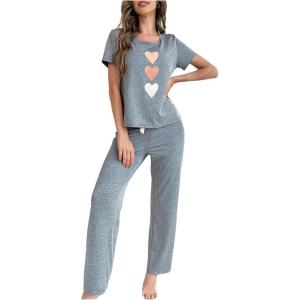 imageFloerns Womens Cartoon Print Short Sleeve Top with Long Pants Two Piece Pajama SetsLight Grey