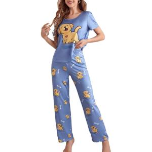 imageFloerns Womens Cartoon Print Short Sleeve Top with Long Pants Two Piece Pajama SetsMauve Purple Dog
