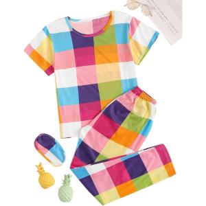 imageFloerns Womens Cartoon Print Short Sleeve Top with Long Pants Two Piece Pajama SetsMultiplaid