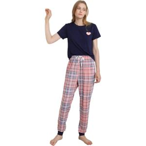 imageFloerns Womens Cartoon Print Short Sleeve Top with Long Pants Two Piece Pajama SetsNavy Pink