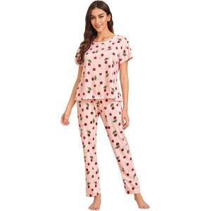 imageFloerns Womens Cartoon Print Short Sleeve Top with Long Pants Two Piece Pajama SetsPink Printed