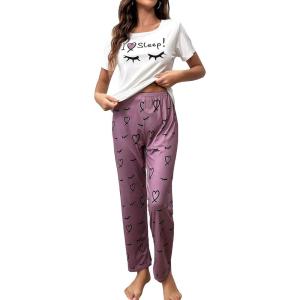 imageFloerns Womens Cartoon Print Short Sleeve Top with Long Pants Two Piece Pajama SetsWhite and Purple