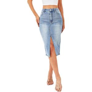 imageFloerns Womens Casual High Waisted Split Thigh Denim Jeans Midi SkirtLight Blue