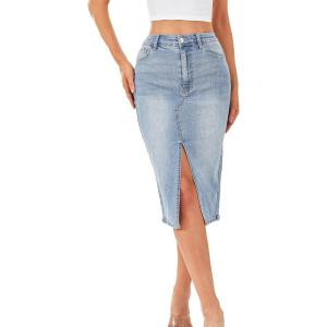 imageFloerns Womens Casual High Waisted Split Thigh Denim Jeans Midi SkirtLight Wash