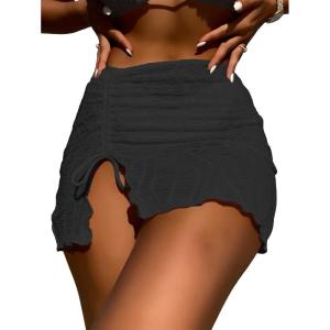 imageFloerns Womens Drawstring Front Split Hem Lettuce Trim Beach Cover Up SkirtBlack
