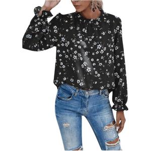 imageFloerns Womens Floral Print Long Sleeve High Neck Georgette Chiffon BlouseBlack Graphic