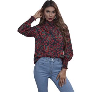 imageFloerns Womens Floral Print Long Sleeve High Neck Georgette Chiffon BlouseBlack Red Floral