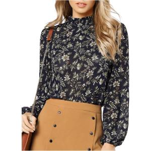 imageFloerns Womens Floral Print Long Sleeve High Neck Georgette Chiffon BlouseBlue