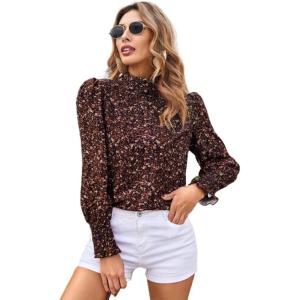 imageFloerns Womens Floral Print Long Sleeve High Neck Georgette Chiffon BlouseBrown Floral