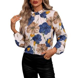 imageFloerns Womens Floral Print Long Sleeve High Neck Georgette Chiffon BlouseBrown Multi