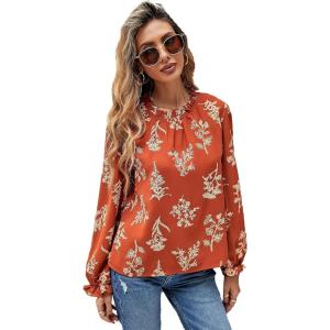 imageFloerns Womens Floral Print Long Sleeve High Neck Georgette Chiffon BlouseBurnt Orang