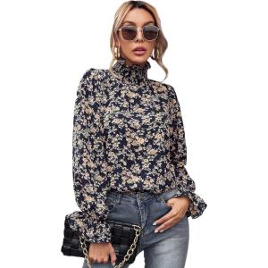imageFloerns Womens Floral Print Long Sleeve High Neck Georgette Chiffon BlouseDark Blue