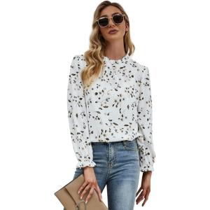 imageFloerns Womens Floral Print Long Sleeve High Neck Georgette Chiffon BlouseFlower White