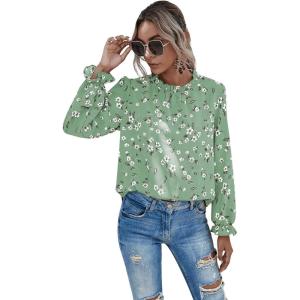 imageFloerns Womens Floral Print Long Sleeve High Neck Georgette Chiffon BlouseGreen Floral