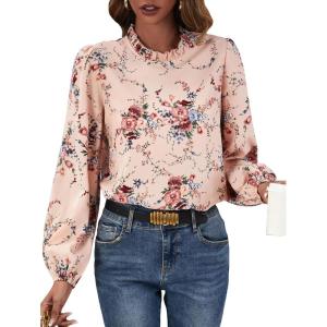 imageFloerns Womens Floral Print Long Sleeve High Neck Georgette Chiffon BlouseLight Pink