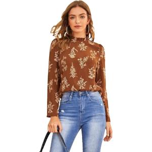 imageFloerns Womens Floral Print Long Sleeve High Neck Georgette Chiffon BlouseMocha Brown