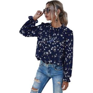 imageFloerns Womens Floral Print Long Sleeve High Neck Georgette Chiffon BlouseNavy Blue