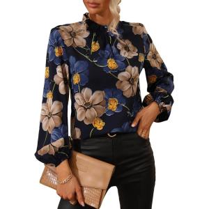 imageFloerns Womens Floral Print Long Sleeve High Neck Georgette Chiffon BlouseNavy Blue Flower
