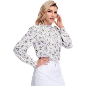imageFloerns Womens Floral Print Long Sleeve High Neck Georgette Chiffon BlouseWhite