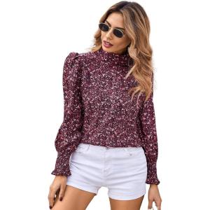 imageFloerns Womens Floral Print Long Sleeve High Neck Georgette Chiffon BlouseWine Red