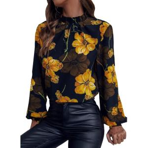 imageFloerns Womens Floral Print Long Sleeve High Neck Georgette Chiffon BlouseYellow Black Multi