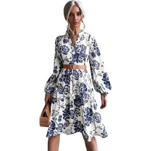 imageFloerns Womens Floral Print V Neck Ruffle Hem Lantern Long Sleeve Midi DressBlue White