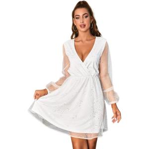 imageFloerns Womens Lantern Long Sleeve V Neck Mesh Cocktail Party Short Dress Without BeltWhite