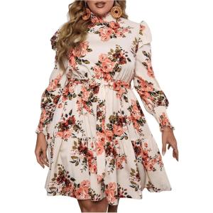imageFloerns Womens Mock Neck Long Sleeve Floral Print Ruffle Short DressBeige Red Floral