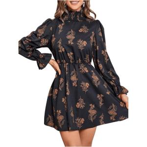 imageFloerns Womens Mock Neck Long Sleeve Floral Print Ruffle Short DressBlack