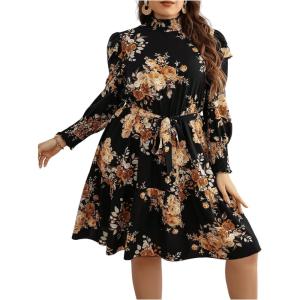 imageFloerns Womens Mock Neck Long Sleeve Floral Print Ruffle Short DressBlack Brown Floral
