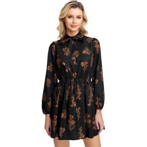 imageFloerns Womens Mock Neck Long Sleeve Floral Print Ruffle Short DressBlack Brown Flower