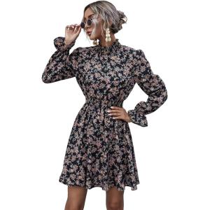 imageFloerns Womens Mock Neck Long Sleeve Floral Print Ruffle Short DressBlack Floral