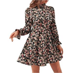 imageFloerns Womens Mock Neck Long Sleeve Floral Print Ruffle Short DressBlack Flower Multi