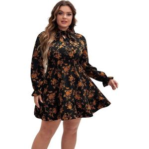imageFloerns Womens Mock Neck Long Sleeve Floral Print Ruffle Short DressBlack Orange Flower