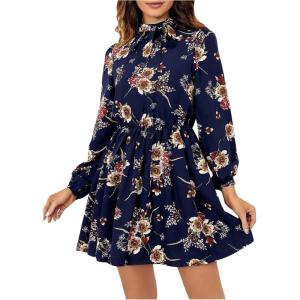 imageFloerns Womens Mock Neck Long Sleeve Floral Print Ruffle Short DressBoho Navy Floral