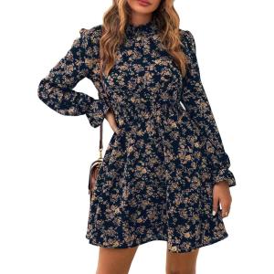 imageFloerns Womens Mock Neck Long Sleeve Floral Print Ruffle Short DressDark Blue